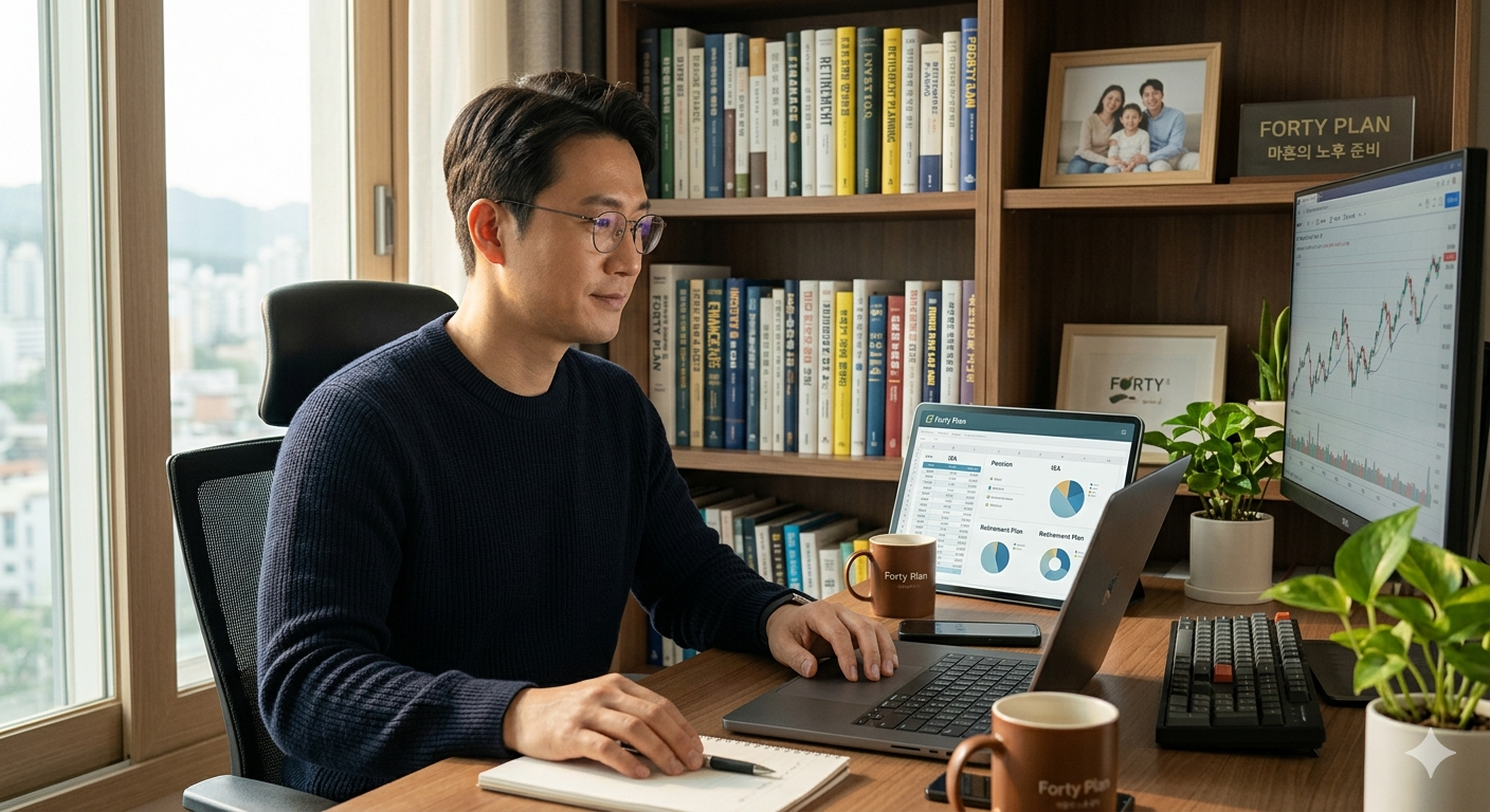 홈 오피스에서 노트북과 모니터를 활용해 ISA 및 연금저축 포트폴리오 전략을 세우는 전문적인 모습