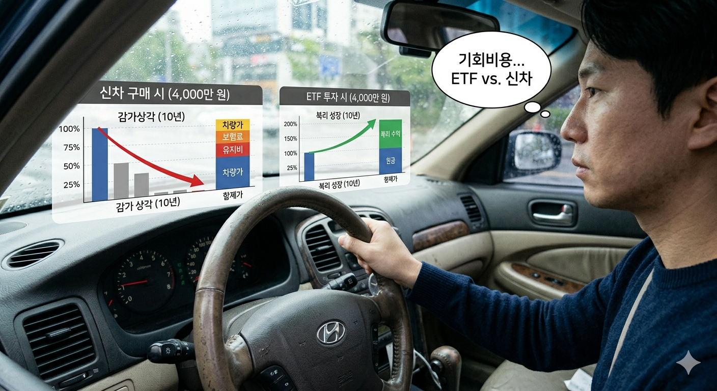 낡은 차를 운전하면서도 머릿속으로는 ETF 투자의 기회비용을 계산하는 모습
