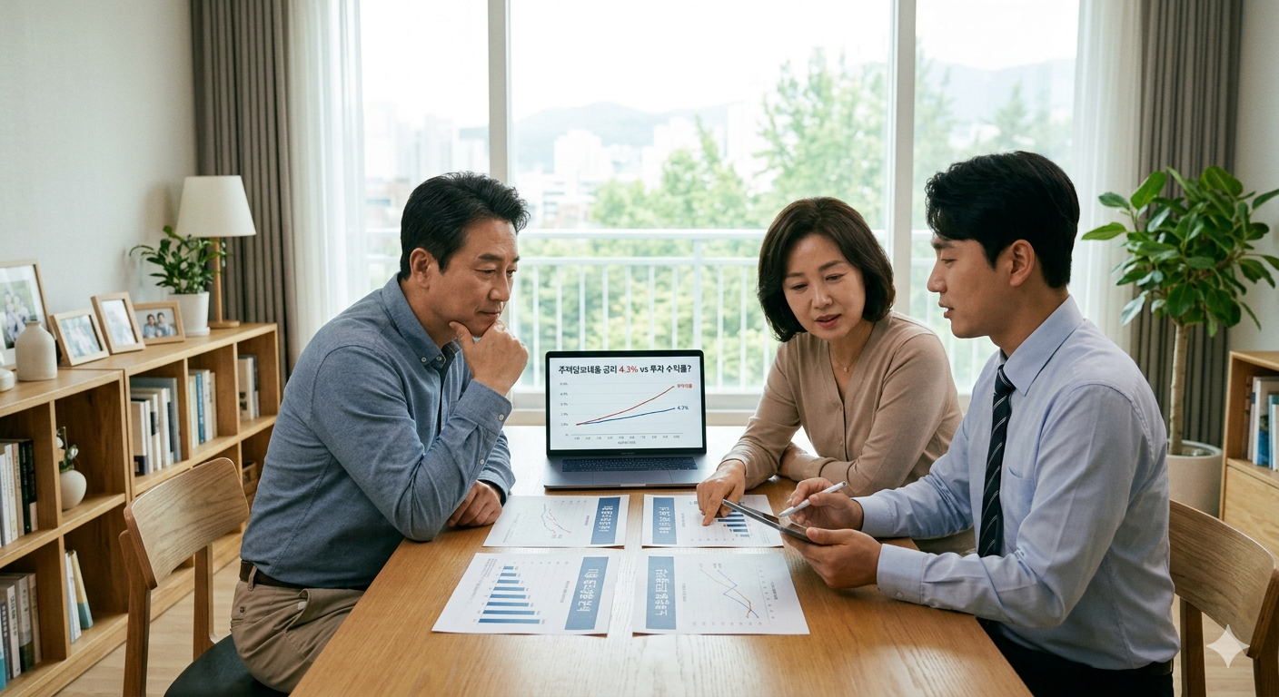중년 부부가 전문가와 함께 대출 상환 차트와 투자 포트폴리오를 비교하며 진지하게 상담하는 모습