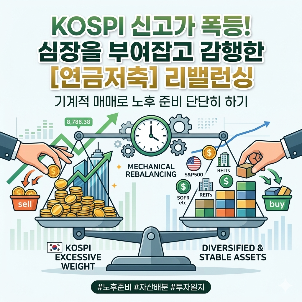 KOSPI 신고가 폭등 및 연금저축 리밸런싱을 주제로 한 블로그 대표 이미지. 양팔저물이 시각화되어 있으며, 왼쪽에는 과도한 비중의 KOSPI 자산을 매도(sell)하여 덜어내는 모습이, 오른쪽에는 S&P500, 나스닥, REITs, SOFR 등 분산 자산을 매수(buy)하여 채워 넣는 모습이 기계 톱니바퀴 및 시계 아이콘과 함께 직관적인 일러스트로 표현되어 있습니다. 상단에는 'KOSPI 신고가 폭등! 심장을 부여잡고 감행한 [연금저축] 리밸런싱'이라는 타이틀 텍스트가 적혀 있습니다.