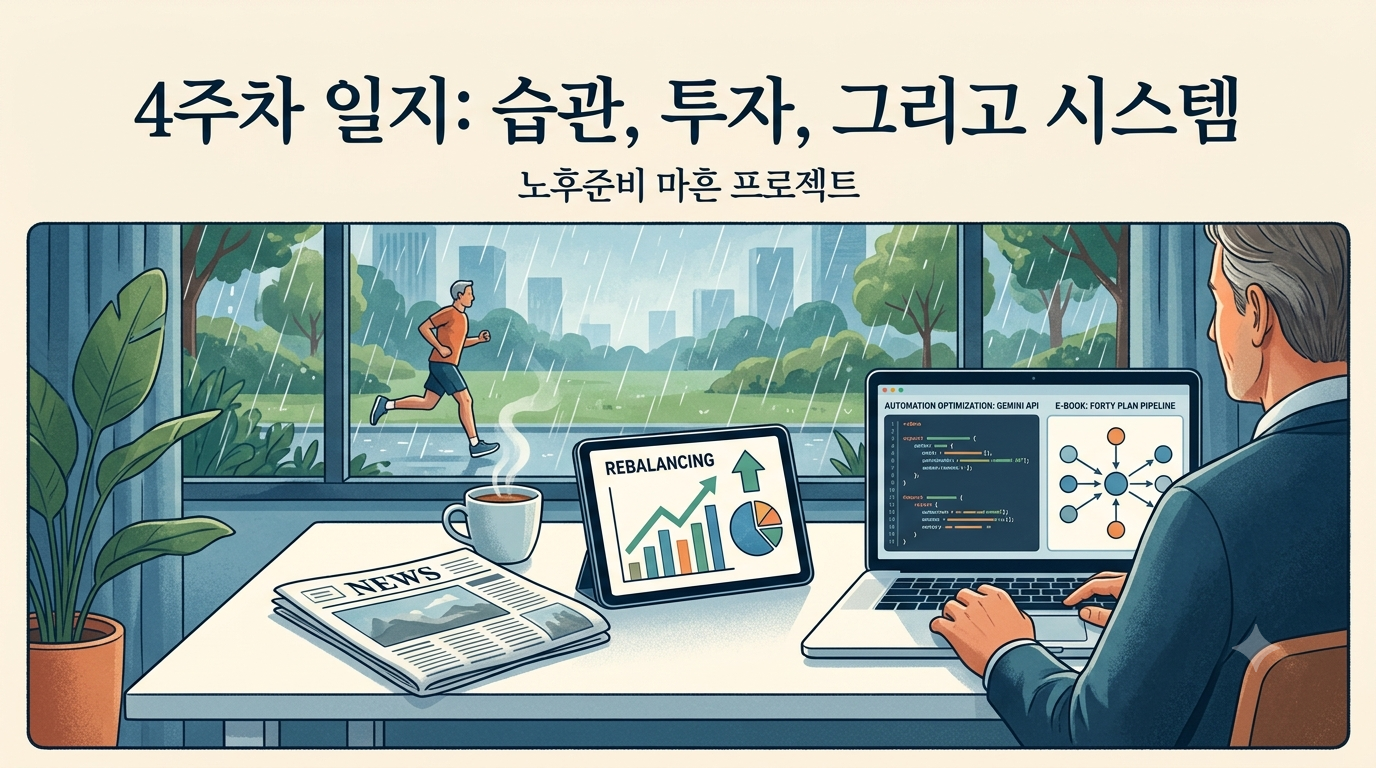이른 아침 비가 내리는 창밖을 바라보며 태블릿 PC로 주식 포트폴리오 리밸런싱 차트를 차분하게 분석하고 있는 40대 중년 투자자의 뒷모습