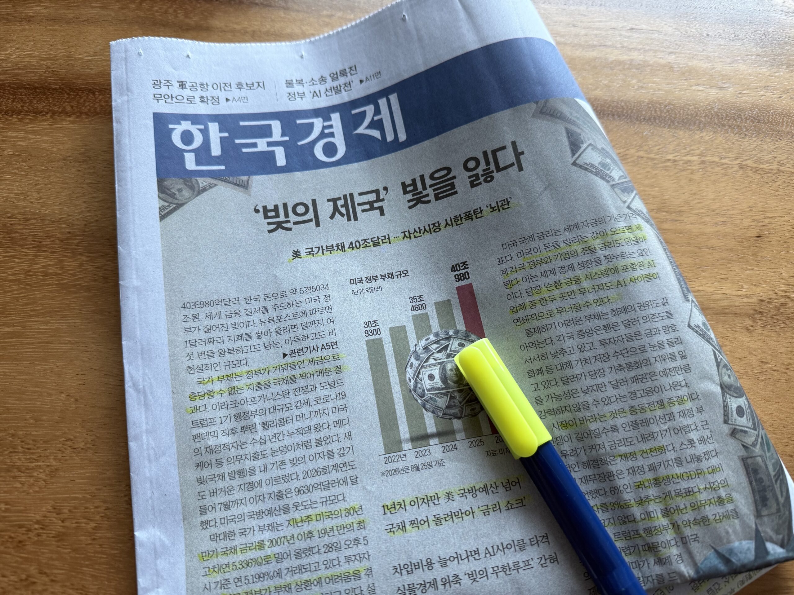 나무 책상 위 한국경제신문 1면과 볼펜·형광펜. 머리기사는 "'빚의 제국' 빛을 잃다"이고, 달러 지폐 위에 놓인 지구본 그래픽과 미국 정부 부채 규모가 해마다 커지는 막대그래프가 함께 실려 있다.