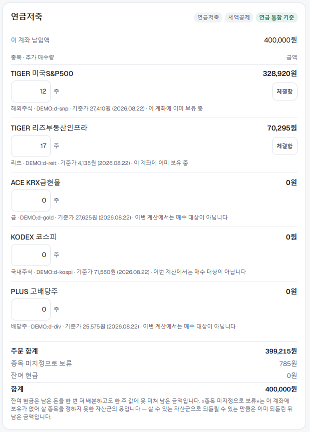 자산배분 도구의 '연금저축' 계좌 주문 화면. TIGER 미국S&P500, TIGER 리츠부동산인프라, ACE KRX금현물, KODEX 코스피, PLUS 고배당주 다섯 종목이 각각 추가 매수량 입력칸과 기준가, '체결함' 버튼과 함께 놓여 있고, 맨 아래에 주문 합계와 종목 미지정 보류액, 잔여 현금이 정리돼 있다.