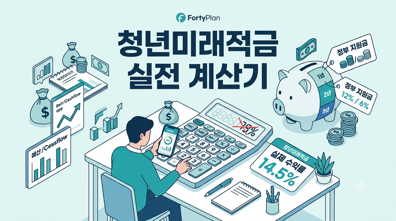 '청년미래적금 실전 계산기'라는 제목과 함께 19% 표기 차감, 실제 수익률 및 3년 납입 플랜을 계산기로 점검하는 청년의 모습을 나타낸 일러스트